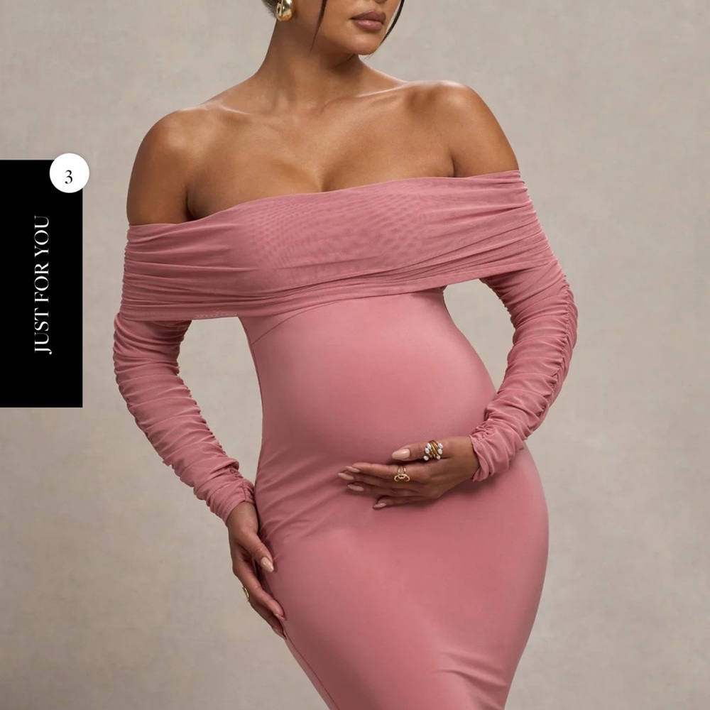 Club L London Off-Shoulder Ruched Long Sleeve Maxi Dress in Dusty Rose